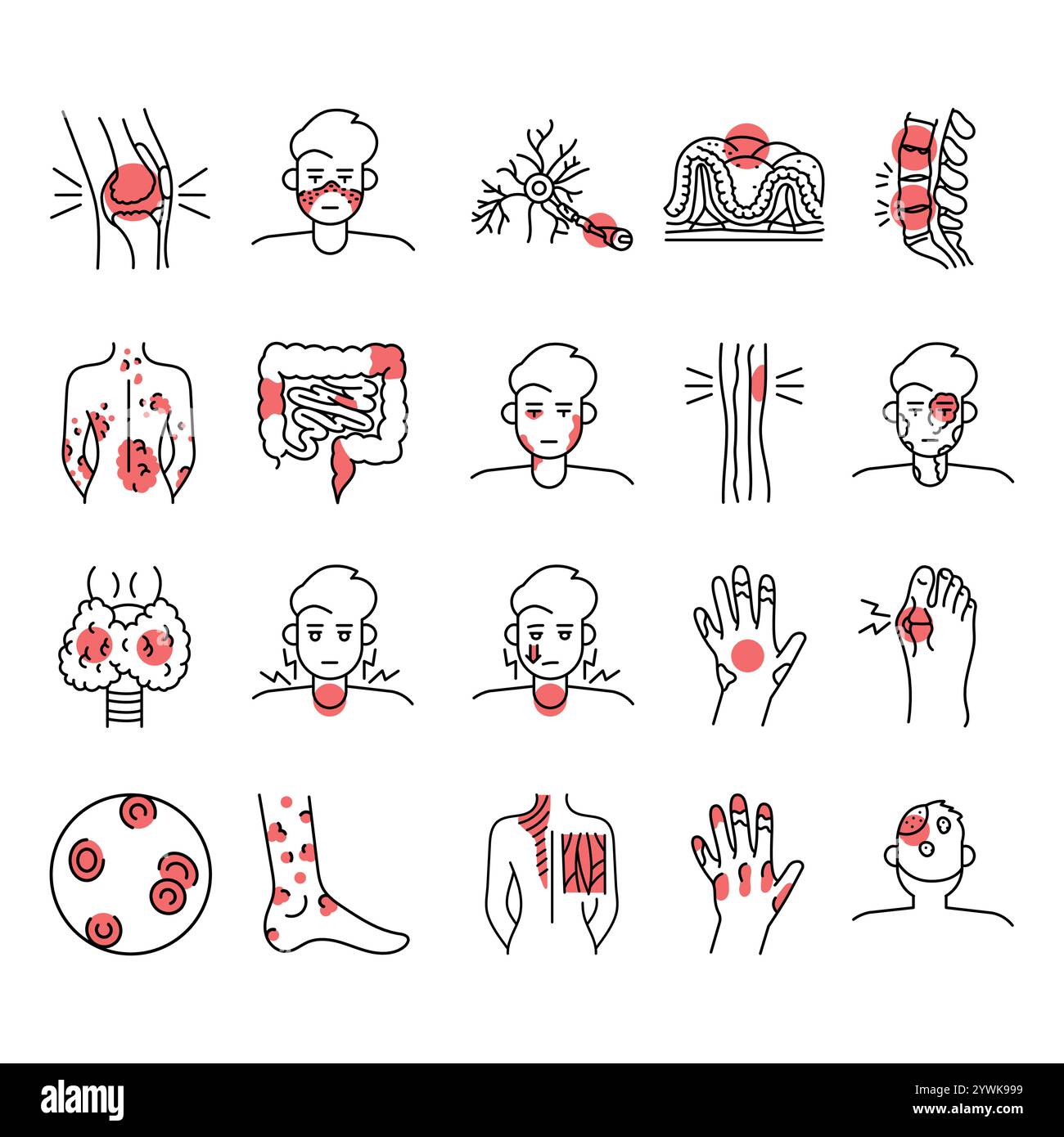 Set di icone delle linee di colore delle malattie autoimmuni. Elemento isolato vettoriale. Traccia modificabile. Illustrazione Vettoriale