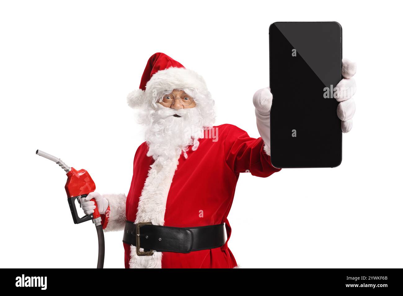 Babbo Natale con una pistola ad iniezione e uno smartphone isolati su sfondo bianco Foto Stock