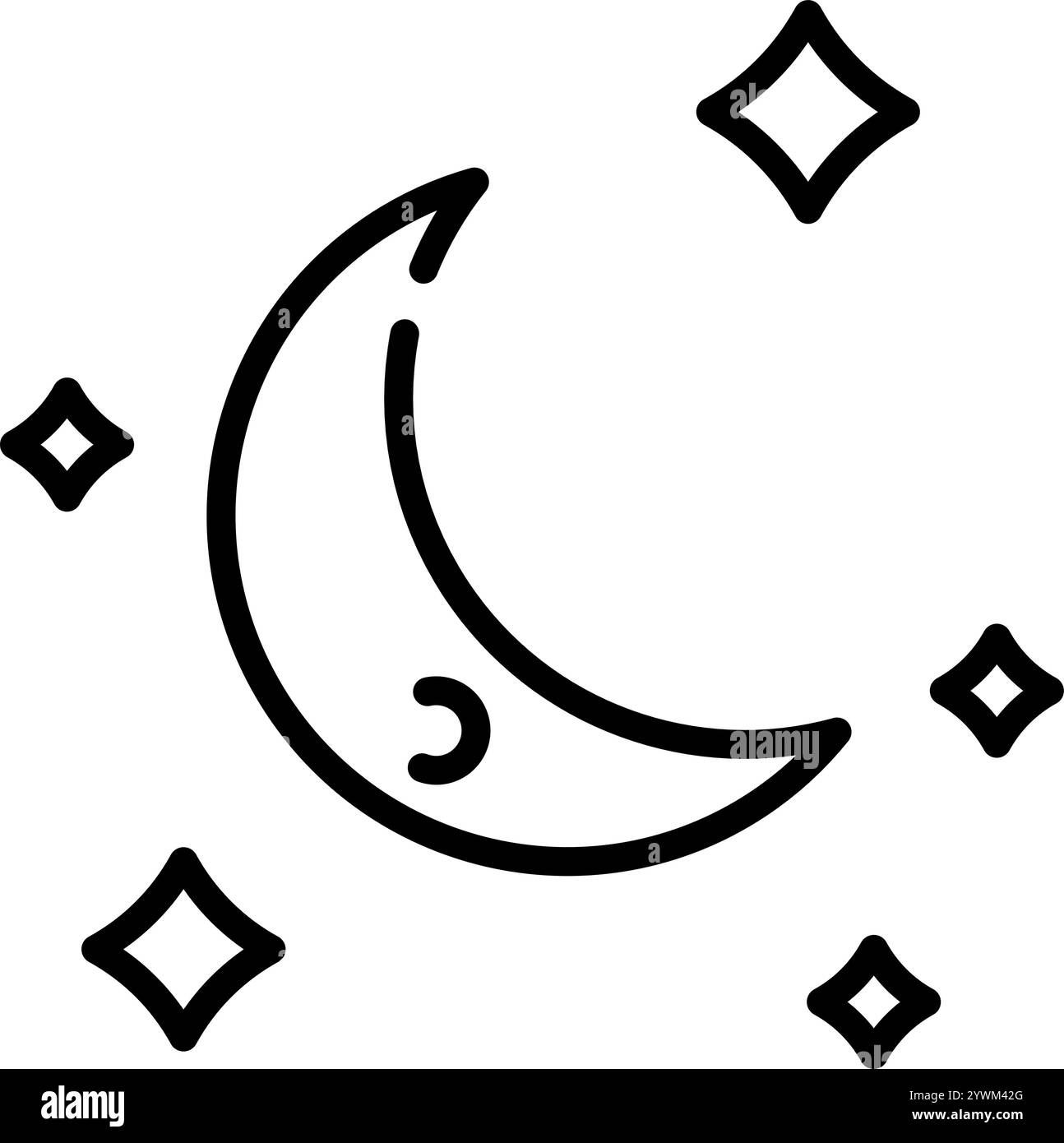 Icona Luna con la linea delle stelle. Crescent nel cielo notturno delinea il segno vettoriale. Pittogramma lineare celeste. Simbolo, illustrazione del logo. Traccia modificabile Illustrazione Vettoriale