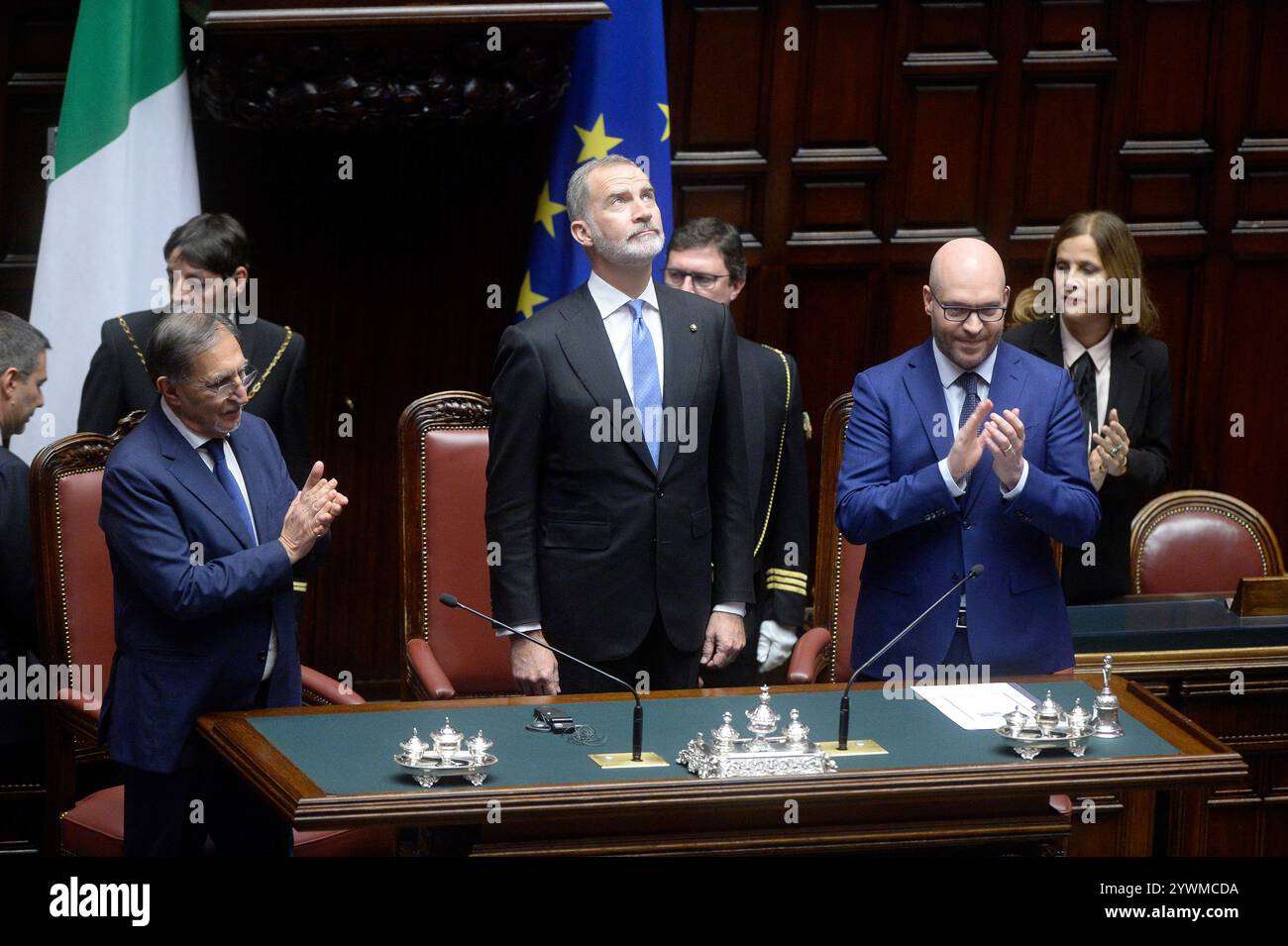 Italia, Roma, 11 dicembre 2024: Visita di Stato in Italia dei reali spagnoli. Nella foto sua altezza reale il Principe Felipe di Spagna alla camera dei deputati, (L) Ignazio la Russa, Presidente del Senato e (R) Lorenzo Fontana, Presidente della camera dei deputati foto © Stefano Carofei/sintesi/Alamy Live News Foto Stock