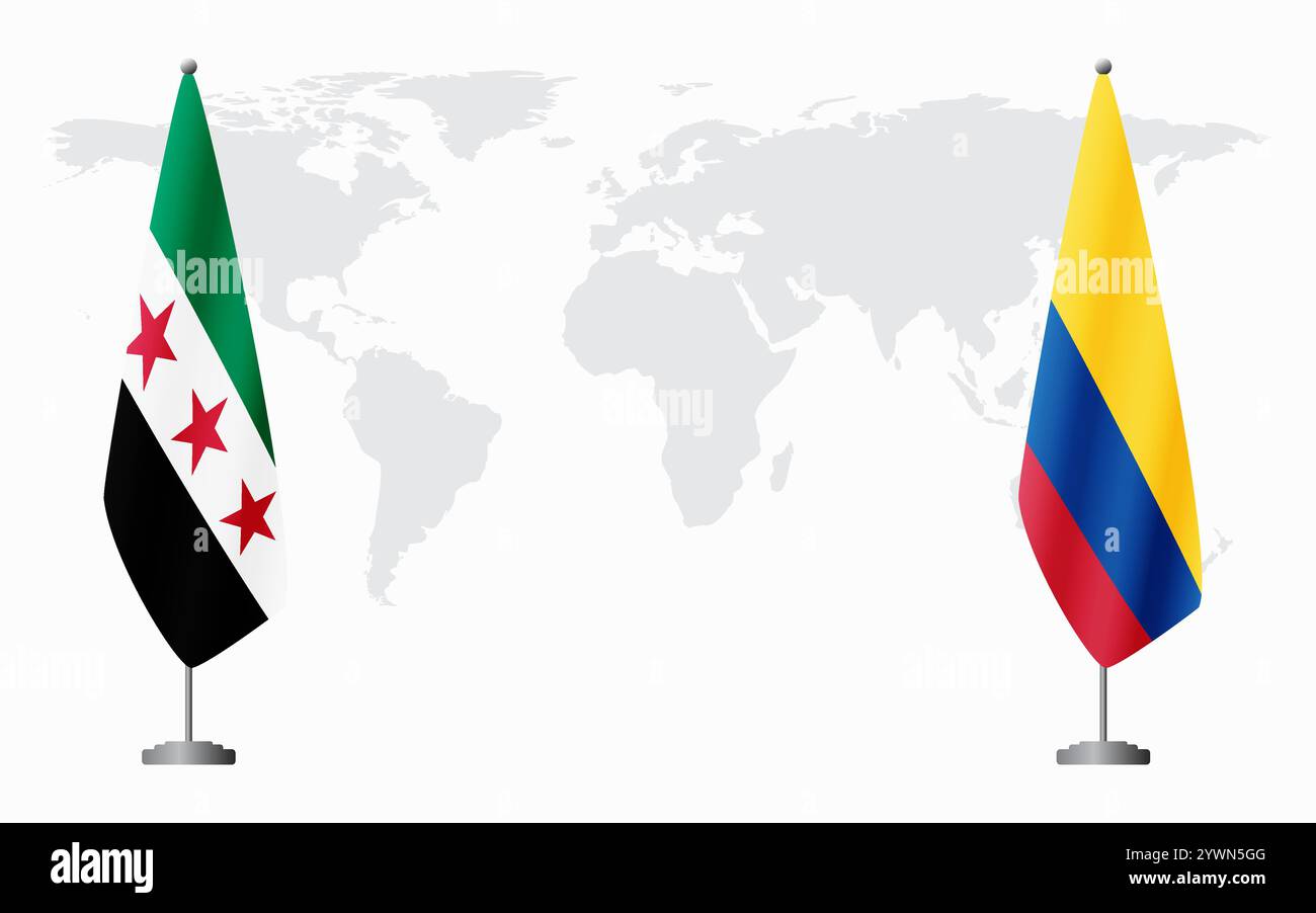 La rivoluzione siriana e la Colombia bandiere per l'incontro ufficiale sullo sfondo della mappa mondiale. Illustrazione Vettoriale
