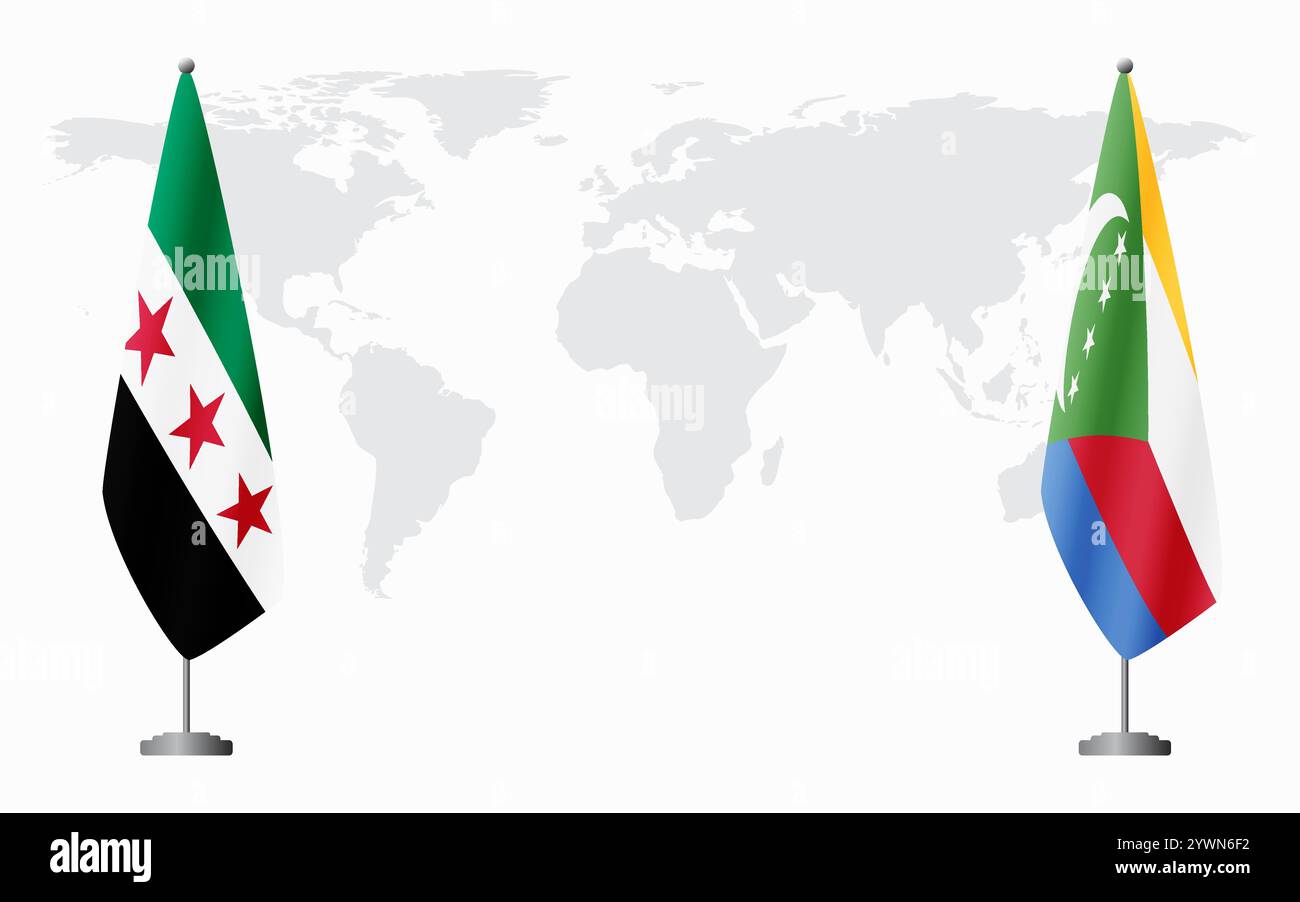 La Rivoluzione siriana e le Comore bandiere per l'incontro ufficiale sullo sfondo della mappa mondiale. Illustrazione Vettoriale