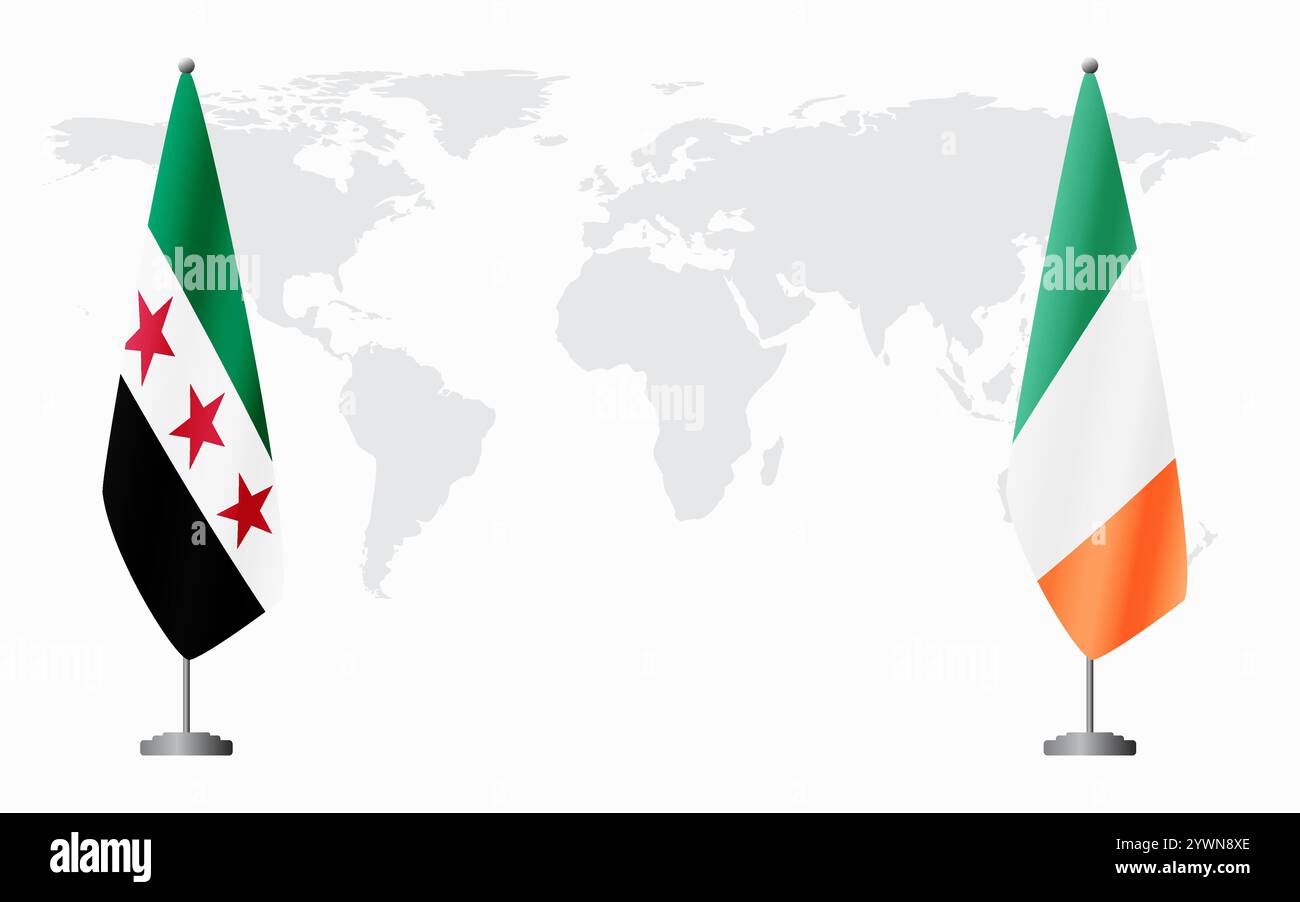 La Rivoluzione siriana e l'Irlanda bandiere per l'incontro ufficiale sullo sfondo della mappa mondiale. Illustrazione Vettoriale