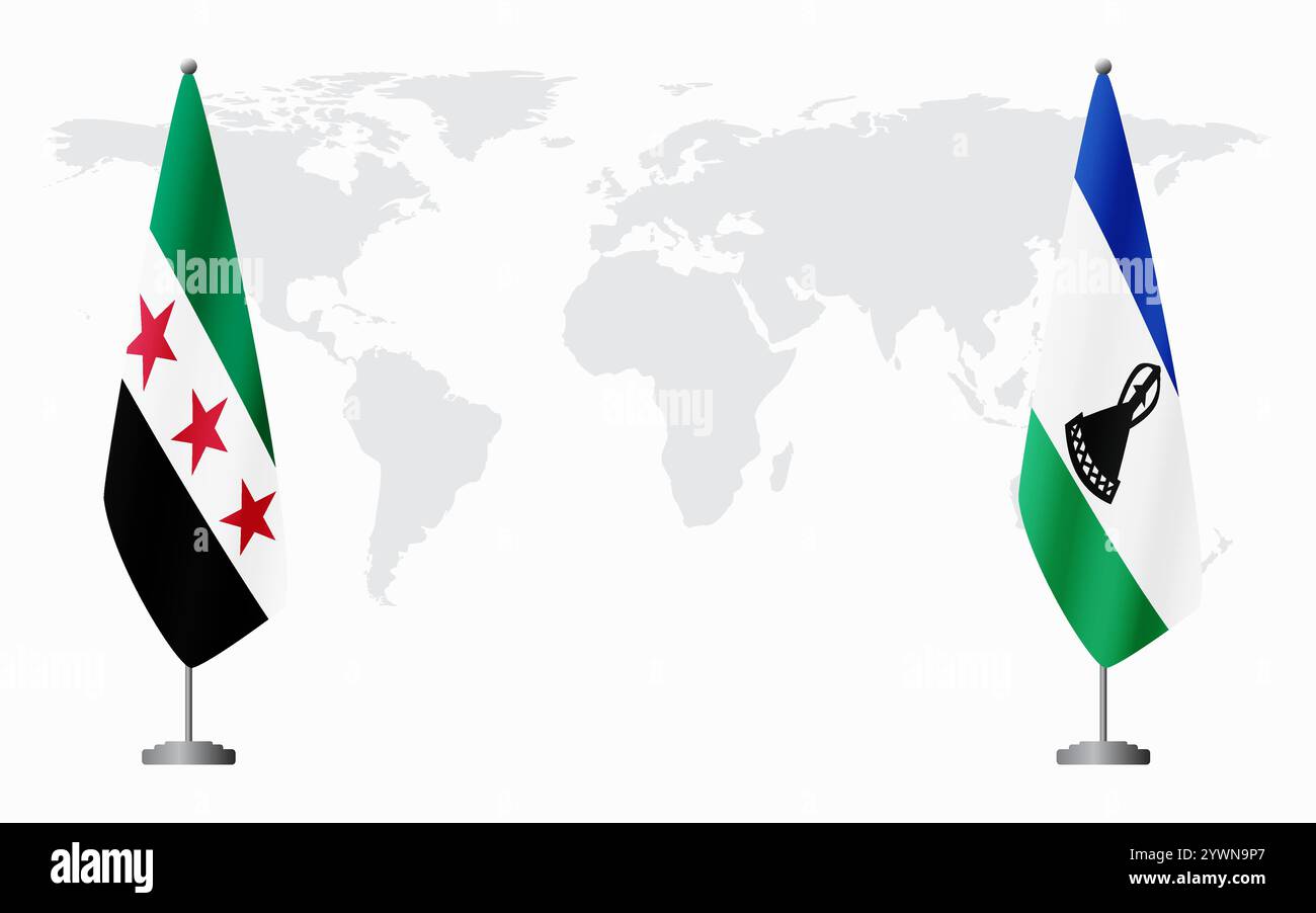 La rivoluzione siriana e le bandiere del Lesotho per l'incontro ufficiale sullo sfondo della mappa mondiale. Illustrazione Vettoriale