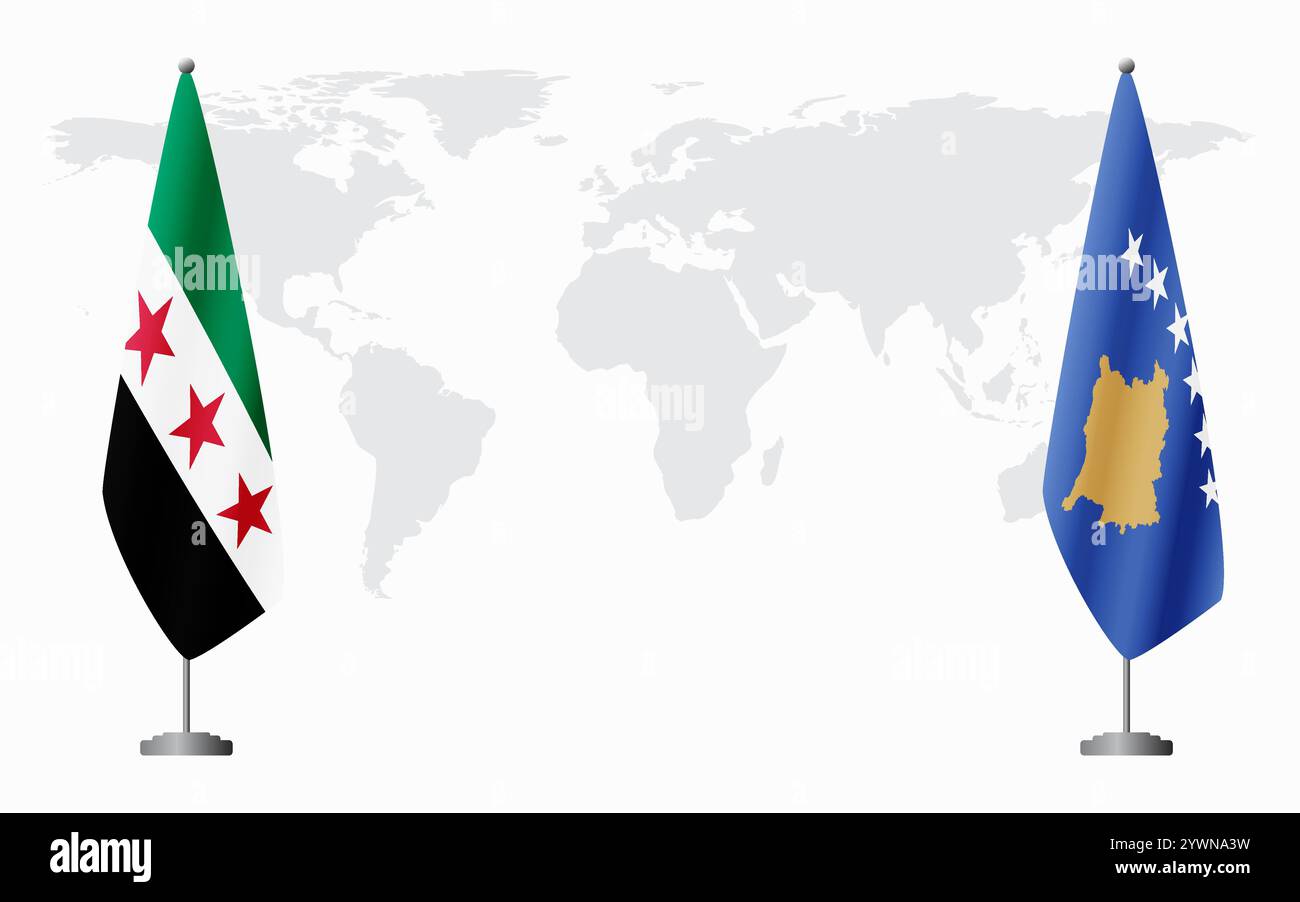 La rivoluzione siriana e le bandiere del Kosovo per l'incontro ufficiale sullo sfondo della mappa mondiale. Illustrazione Vettoriale