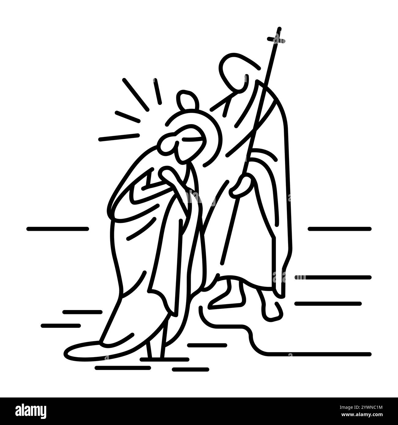 Battesimo benedizione di Gesù Cristo nell'acqua del fiume Giordano di Giovanni Battista icona a linea nera. Concetto di vacanza cristiana. Traccia modificabile Illustrazione Vettoriale