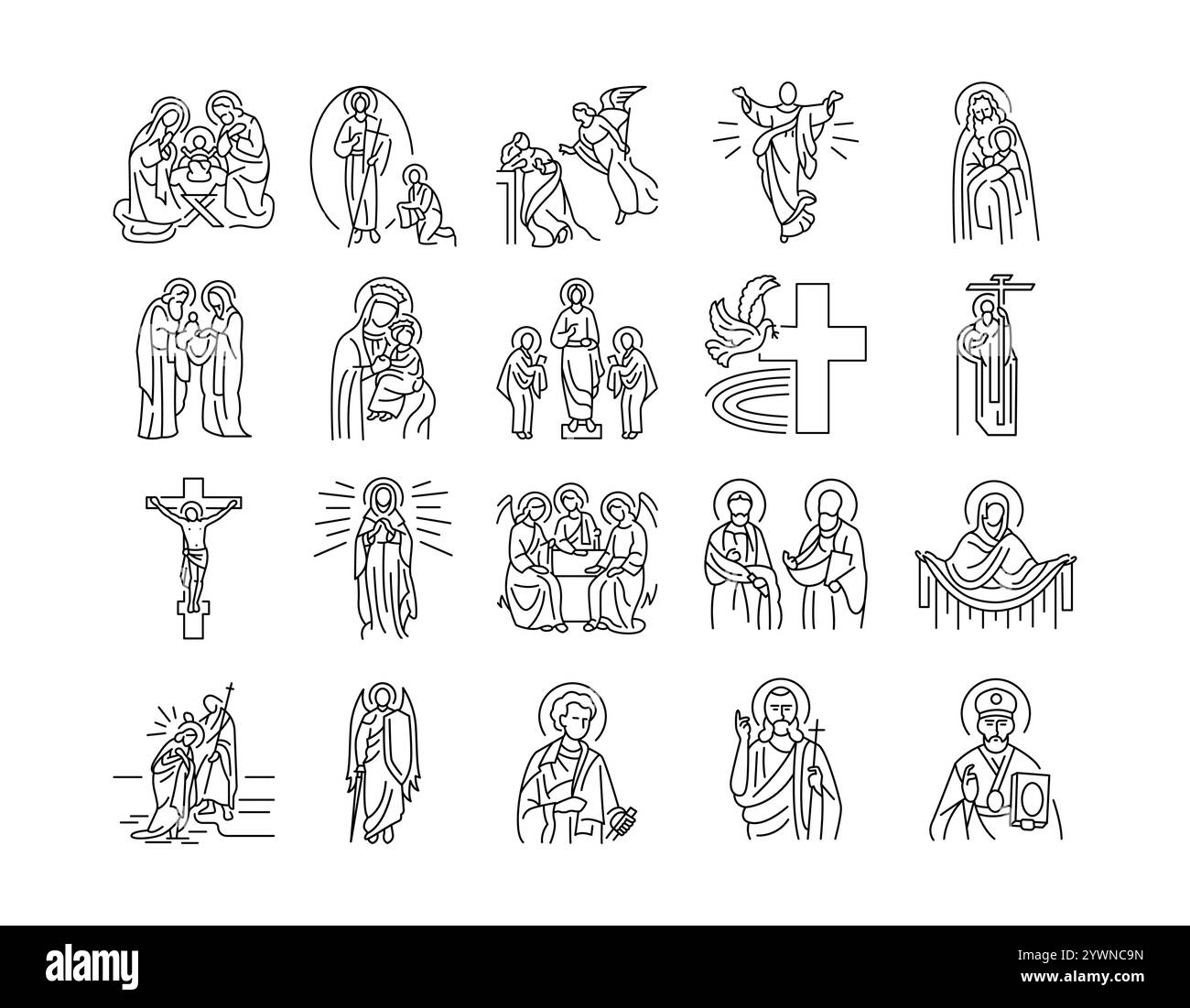 Set di icone della linea nera delle festività religiose cristiane. Traccia modificabile Illustrazione Vettoriale