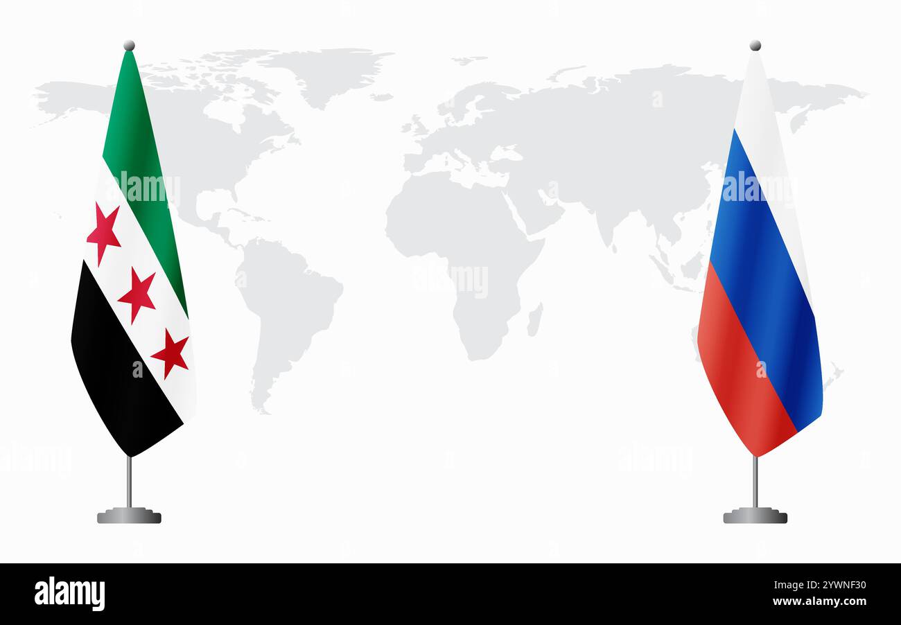 La rivoluzione siriana e la Russia bandiere per l'incontro ufficiale sullo sfondo della mappa mondiale. Illustrazione Vettoriale