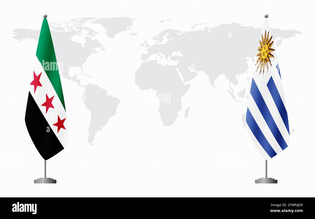 La rivoluzione siriana e le bandiere dell'Uruguay per l'incontro ufficiale sullo sfondo della mappa mondiale. Illustrazione Vettoriale