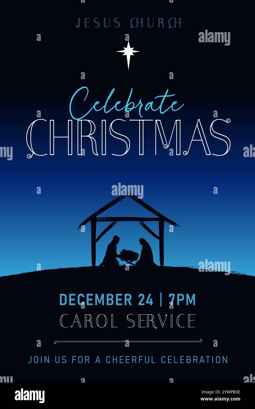 Design di striscioni della chiesa di Natale con la scena della Natività. Social media concetto di Natale per festeggiare il servizio di carol o la giornata dell'Epifania con la Santa famiglia e testo Illustrazione Vettoriale