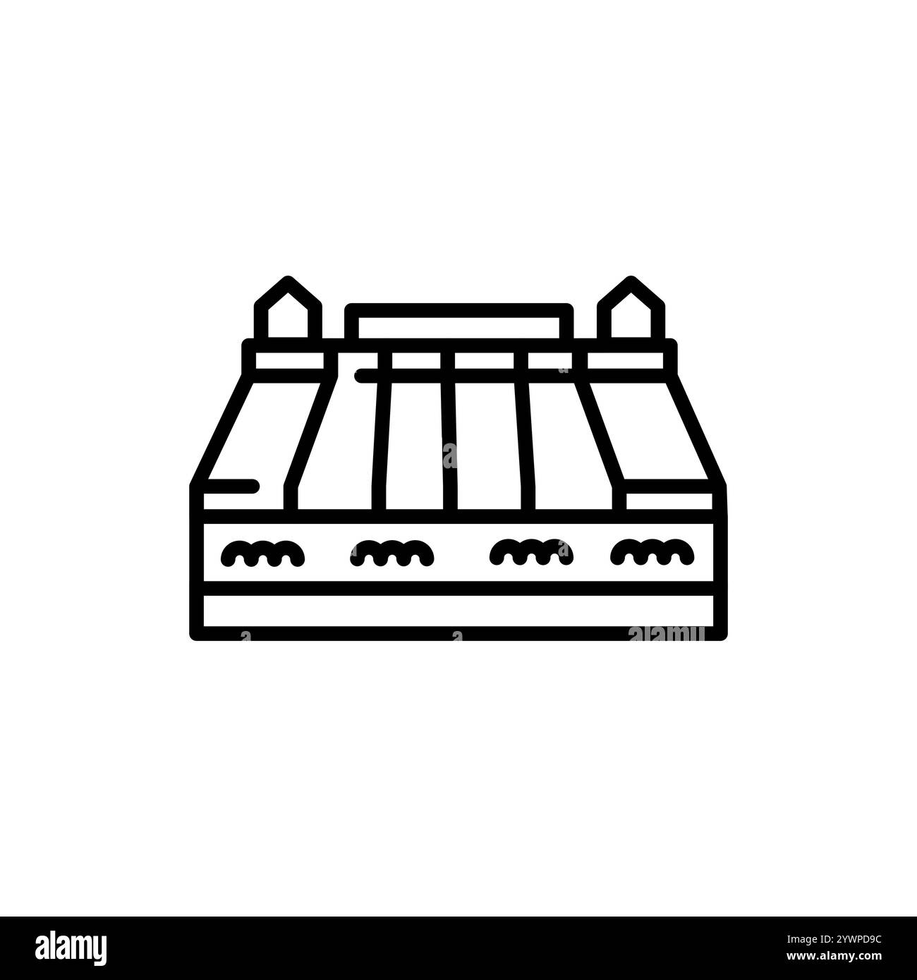 Icona della linea nera della centrale idroelettrica. Fonte di energia alternativa. Elemento isolato vettoriale. Illustrazione Vettoriale