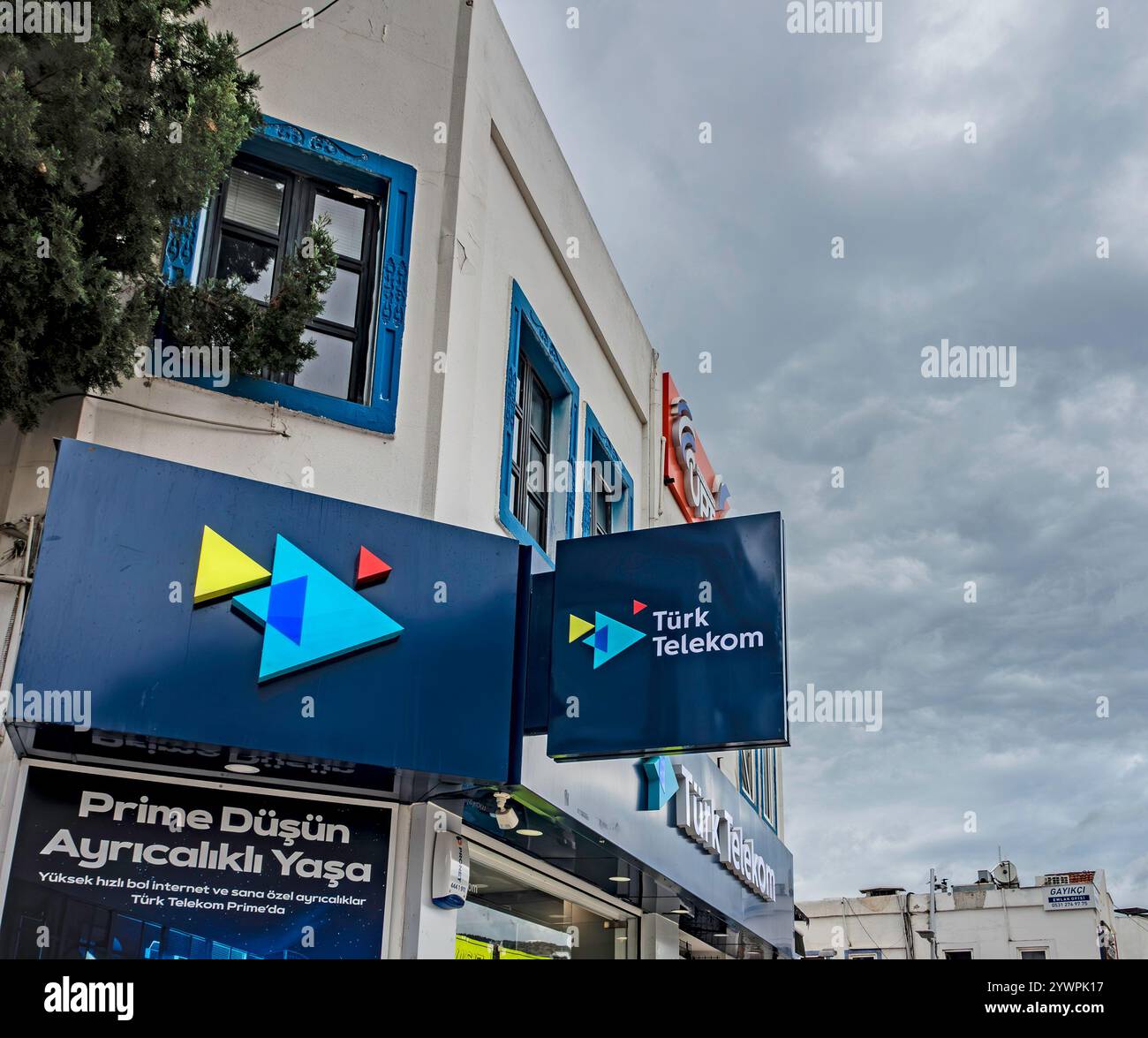 Segnaletica per Turk Telecom a Bodrum, Türkiye Foto Stock