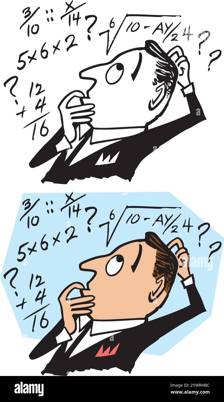 Un cartone animato vintage retrò di un uomo d'affari che cerca di risolvere una difficile equazione matematica. Illustrazione Vettoriale