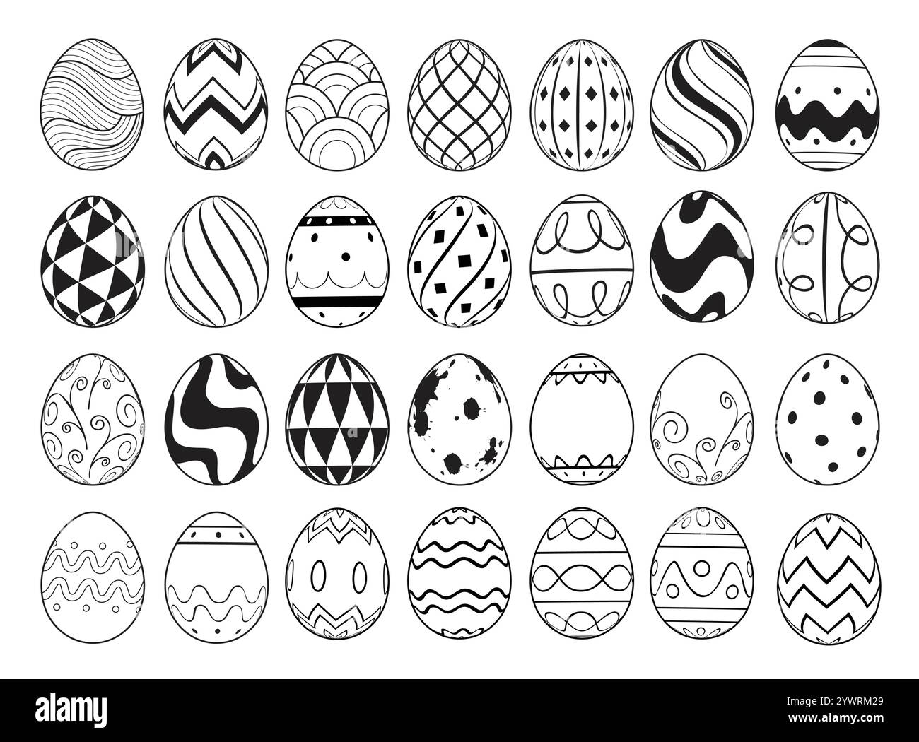 Le uova di Pasqua illustrano il disegno del set di clipart vettoriali piatto. Clip art per uovo di Pasqua con disegno a doodle nero per le feste primaverili e tradizionali Illustrazione Vettoriale