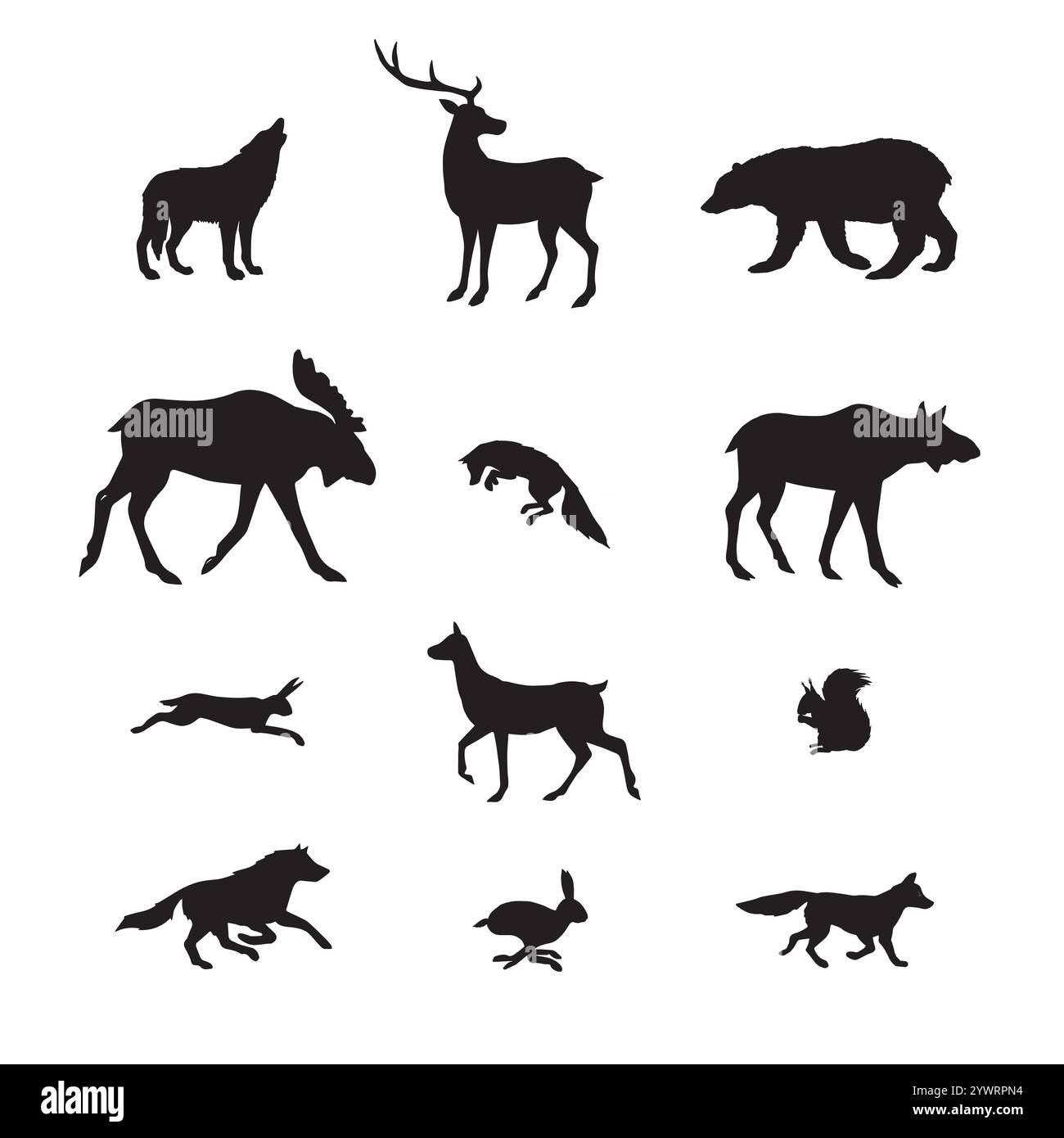 Fascio di animali selvatici della foresta nero vettoriale, isolato su sfondo bianco Illustrazione Vettoriale