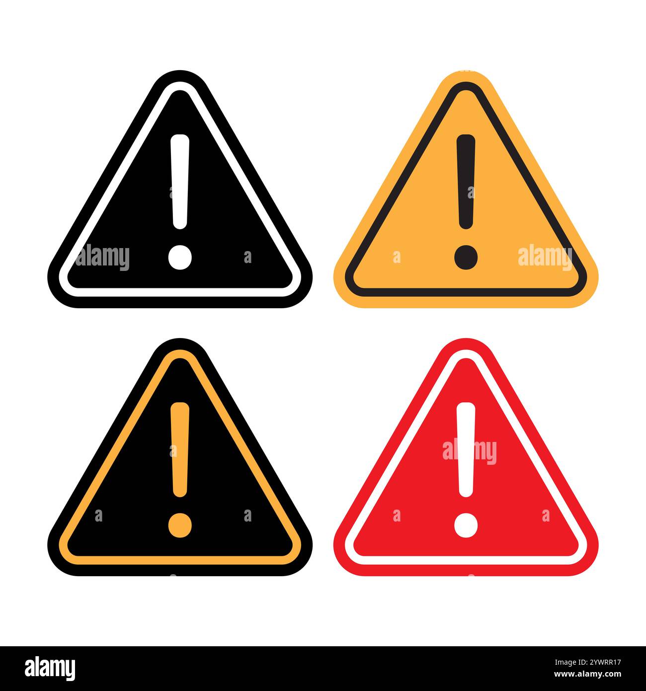 Segnali di avvertimento triangolari. Simboli dei punti esclamativi. Icone colorate di pericolo. Design vettoriale di sicurezza. Illustrazione Vettoriale