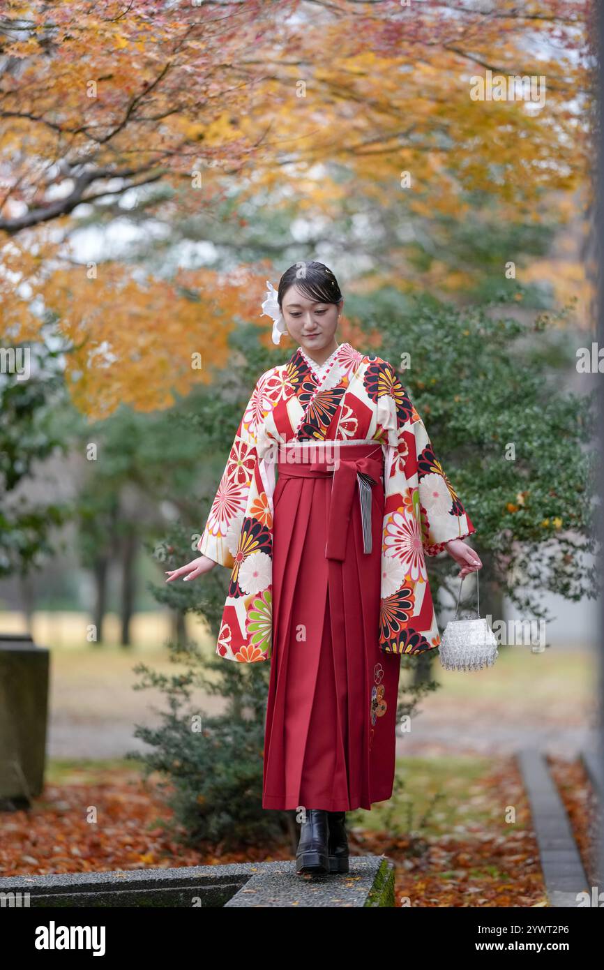 Una donna giapponese di 20 anni che indossa un kimono rosso (hakama), un punto fermo per i laureati universitari giapponesi, cammina in un tradizionale parco giapponese con la sua bellezza Foto Stock