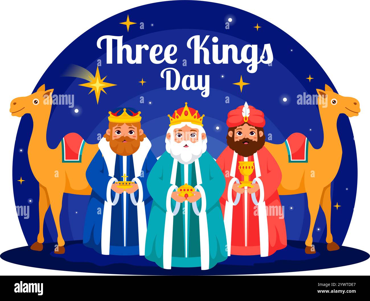 Illustrazione vettoriale del giorno dei tre Re che celebra la fede nella divinità di Gesù e il suo arrivo nel mondo durante il Festival cristiano dell'Epifania Illustrazione Vettoriale