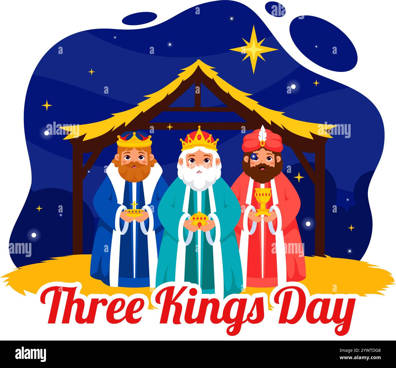 Illustrazione vettoriale del giorno dei tre Re che celebra la fede nella divinità di Gesù e il suo arrivo nel mondo durante il Festival cristiano dell'Epifania Illustrazione Vettoriale