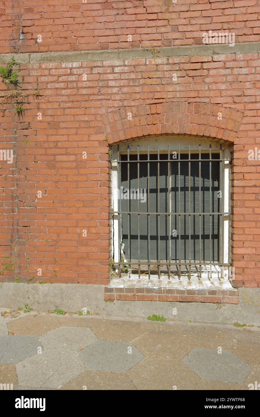 Muratura isolata in mattoni rossi con una finestra di legno bianco. Barre di sicurezza in acciaio nero sull'intera finestra. Foto Stock