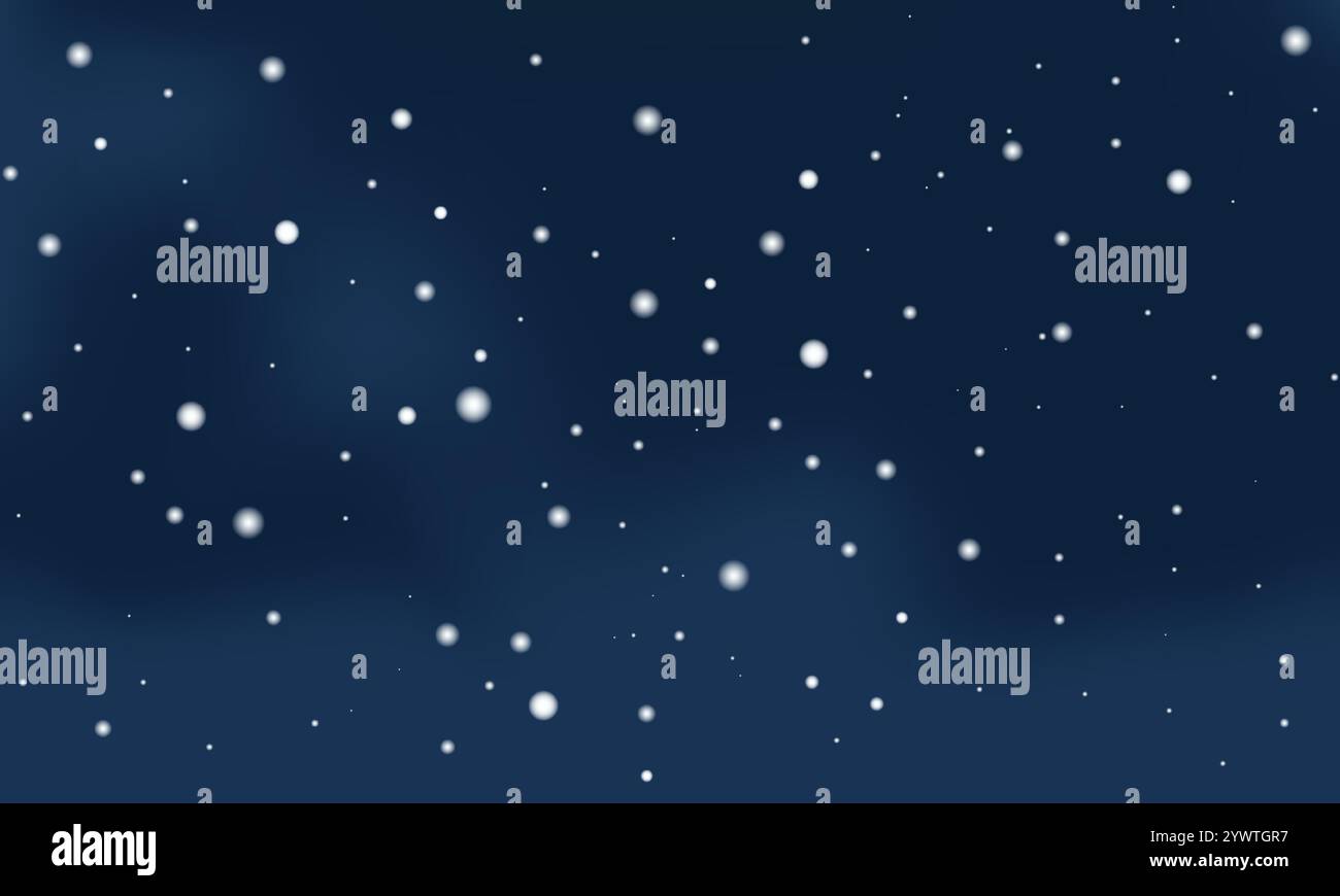Fiocchi di neve festivi nel cielo notturno invernale con nuvole. Neve bianca che cade su sfondo blu scuro. Illustrazione vettoriale Illustrazione Vettoriale