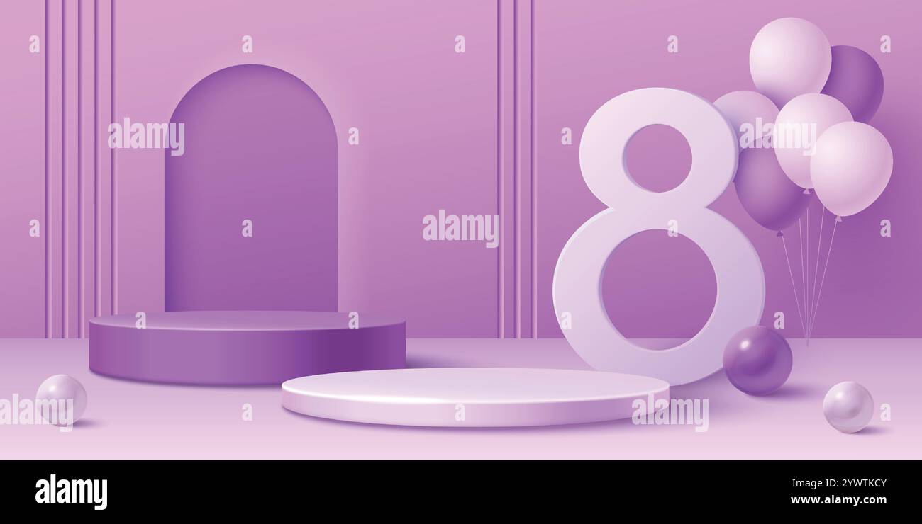 Viola pastello 8 marzo scena con un gran numero di otto in piedi vicino a due podi cilindri, palle decorative, palloni galleggianti. Modello di celebrazione o promozione della giornata internazionale della donna con esposizione del prodotto Illustrazione Vettoriale