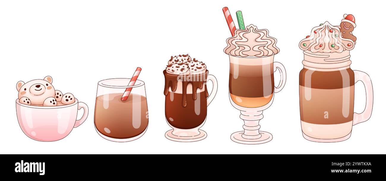 Collezione di cioccolata calda - simpatico marshmallow di orso, bevanda cremosa con paglia, cacao con panna montata, frullato di mocha a strati con schiuma, vetro decorato con pan di zenzero. Accoglienti bevande invernali. Illustrazione Vettoriale