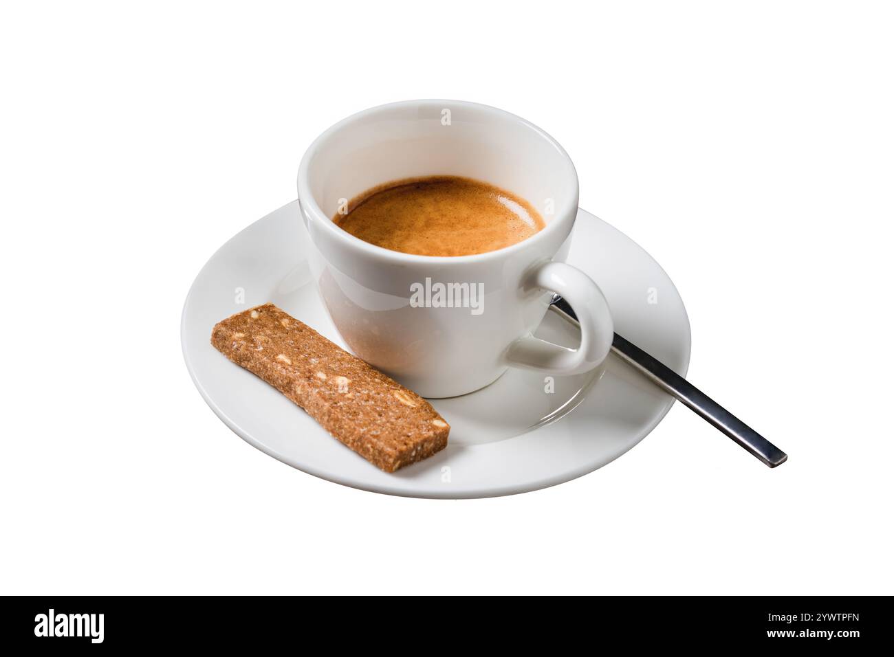 Espresso in porcellana bianca su sfondo bianco. Caffè espresso Foto Stock