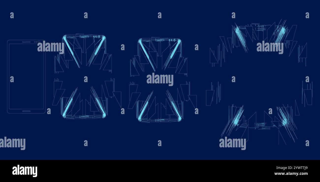 Set di contorno esplosione sequenza smartphone. Illustrazione vettoriale. Lo schermo del telefono incrinato si spezza in pezzi. Smartphone rotto diviso dall'esplosione Illustrazione Vettoriale