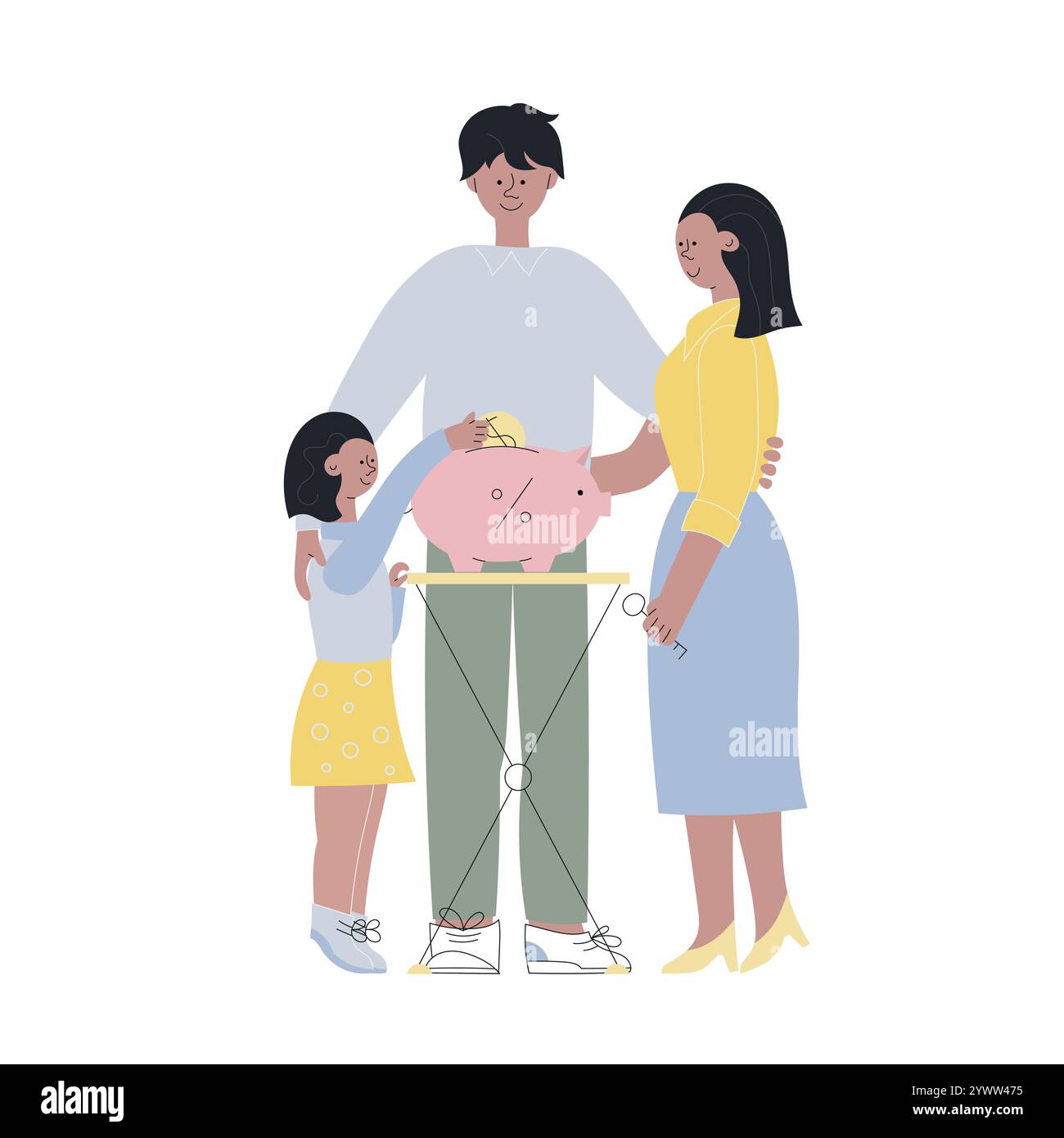 La famiglia con una bambina risparmia denaro per acquistare una nuova casa o un appartamento. Investimento, gestione finanziaria illustrazione vettoriale di cartoni animati piatti. Concetto di salvadanaio Illustrazione Vettoriale