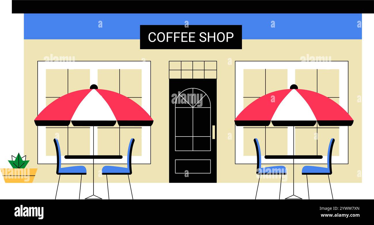 Caffetteria esterna con patio nell'illustrazione Flat Vector che simboleggia la cultura del caffè, il relax e l'incontro sociale, isolata su sfondo bianco Illustrazione Vettoriale