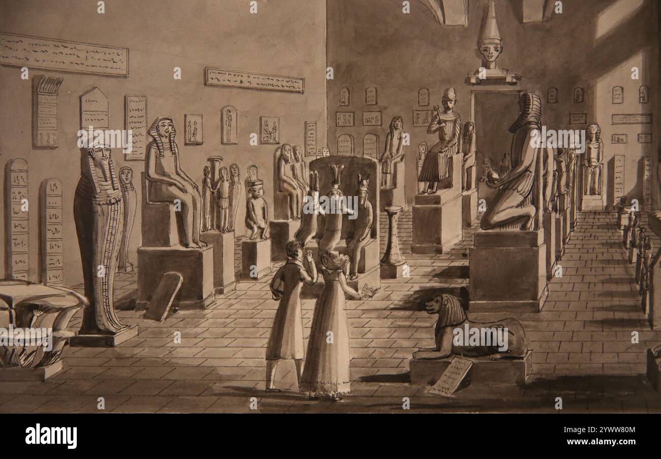 Prima sistemazione della collezione Drovetti al piano terra del Museo Egizio. Disegno a penna e acquerello di Marco Nicolosino, 1832. Foto Stock