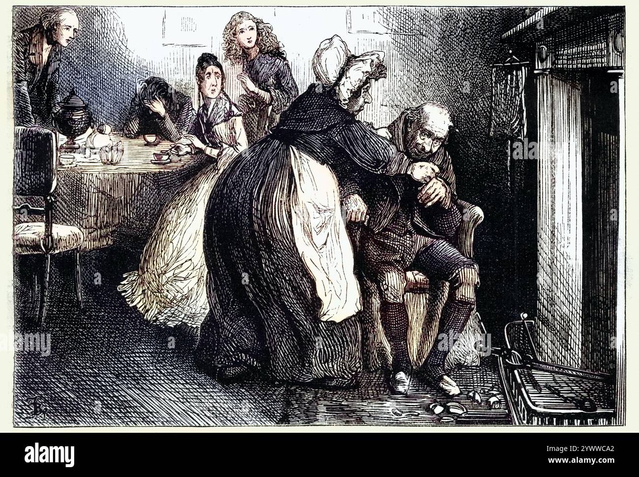 Vintange illustrazione di una scena del romanzo di Charles Dickens Martin Chuzzlewit. La signora Gamp favorisce l'azienda con una dimostrazione di abilità professionale. Di Fred Barnard. Foto Stock