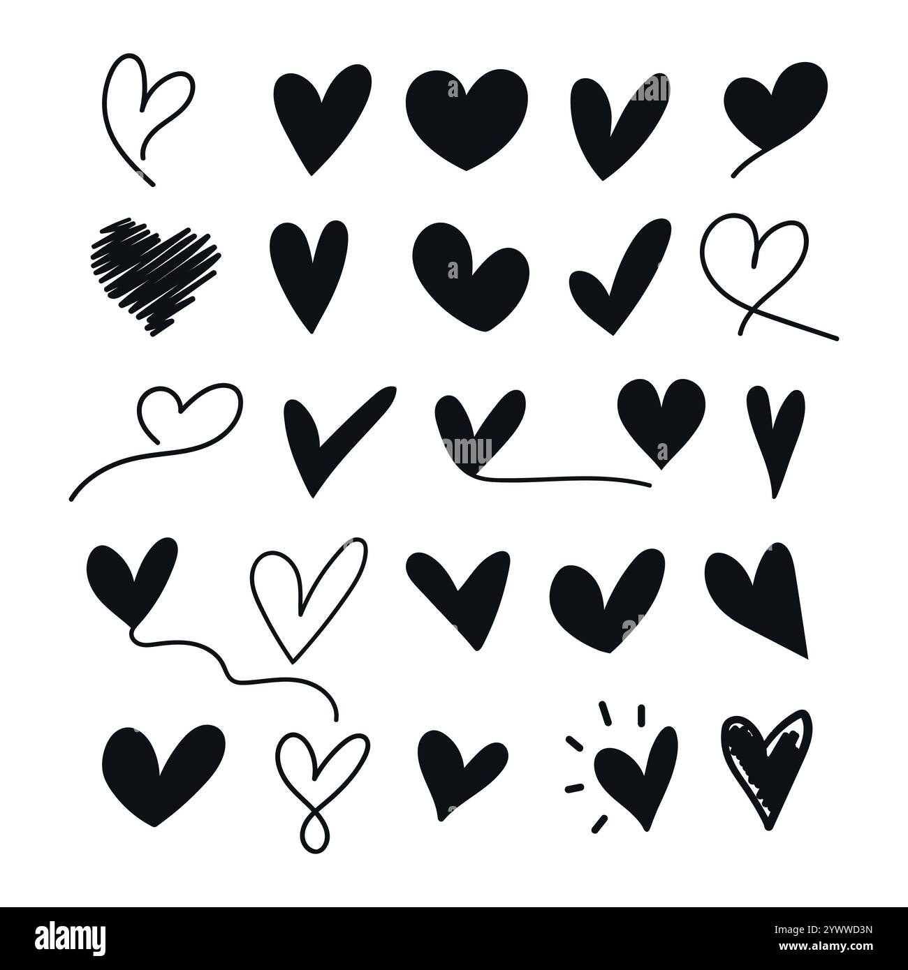 Collezione Vector Doodle Hearts. Set di simboli del cuore disegnati a mano Illustrazione Vettoriale