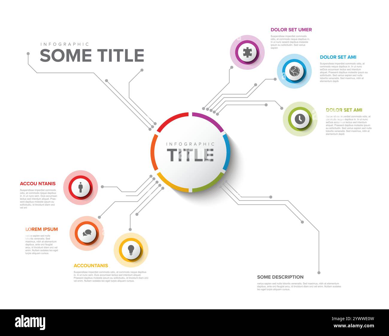 Modello di progettazione infografica circolare semplice e colorato con sei elementi e cerchio grande con titolo sullo sfondo chiaro. Moderna infografica multiuso Illustrazione Vettoriale