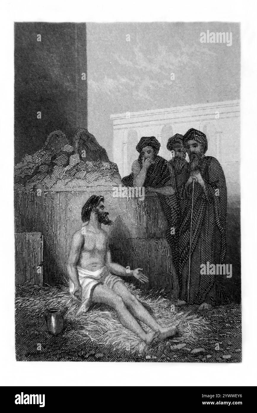 Steel Engraving of Engraving of Engraving of Job's Friends Eliphaz, Bildad e Zophar lo consigliano dopo aver perso tutto quello che Eliphaz il Terminite dice 'chi può Foto Stock