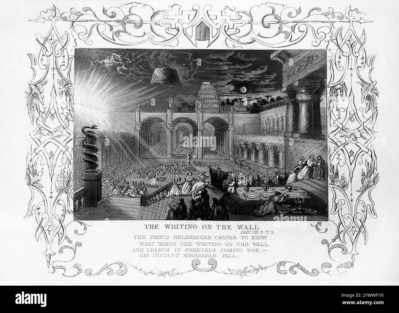 Steel Engraving Daniel interpreta la calligrafia sul muro durante la festa di Belshazzar (Daniele 5:5) dalla scrittura illustrata di Tallis del 1851 Foto Stock