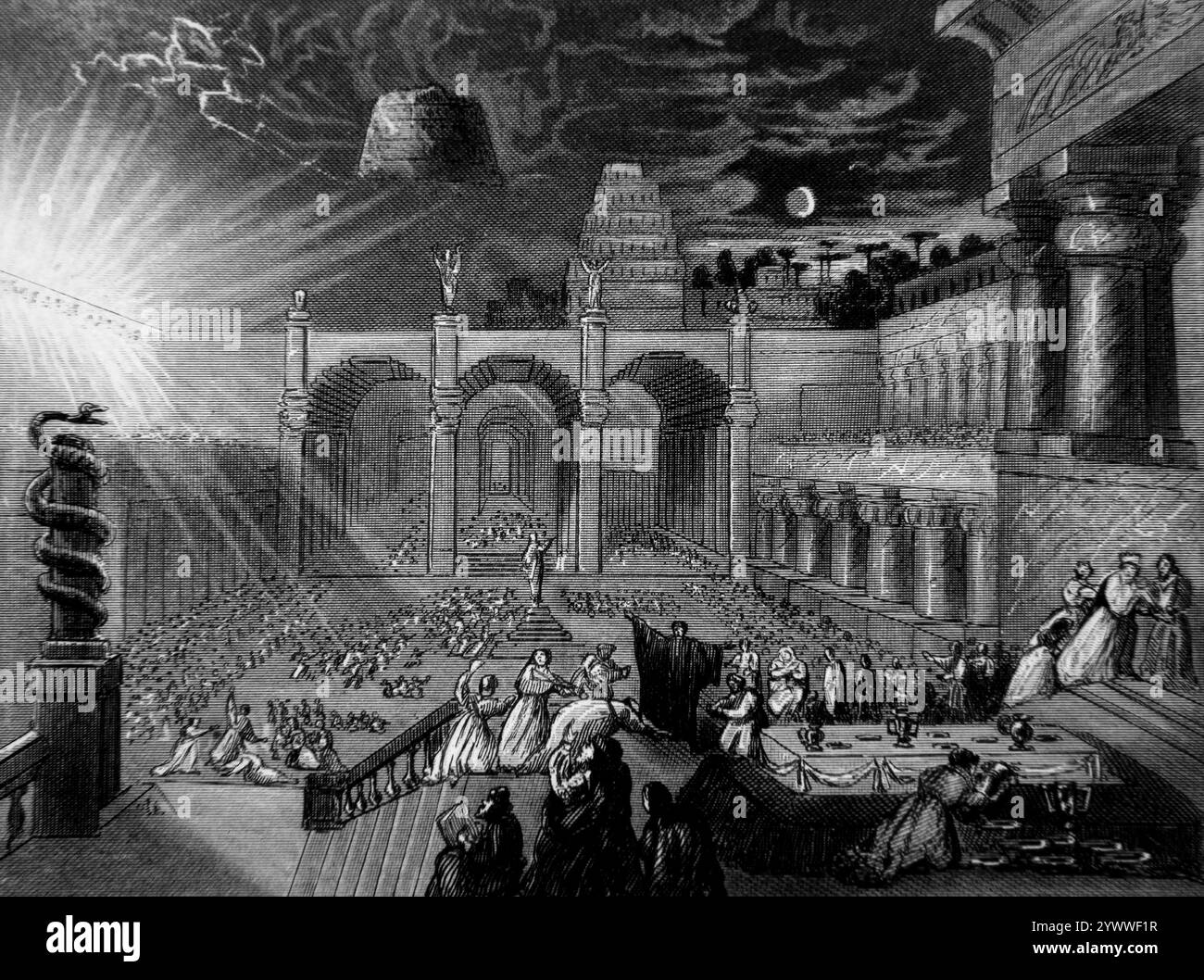 Steel Engraving Daniel interpreta la calligrafia sul muro durante la festa di Belshazzar (Daniele 5:5) dalla scrittura illustrata di Tallis del 1851 Foto Stock