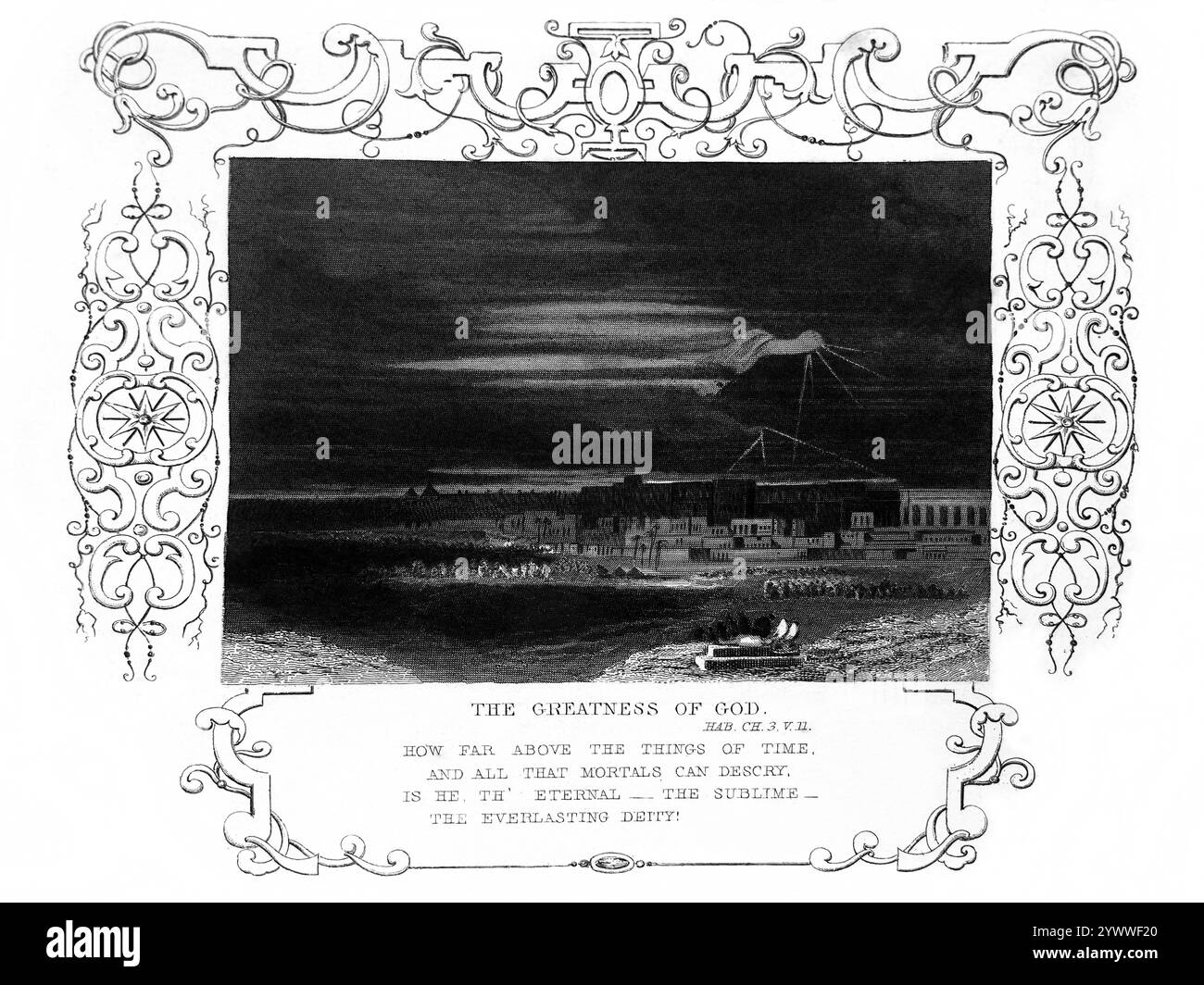 Incisione d'acciaio della grandezza di Dio - Habakkuk descrive la Gloria di Dio: "Il Sole e la Luna erano fermi nel cielo alla foschia del tuo flyin Foto Stock