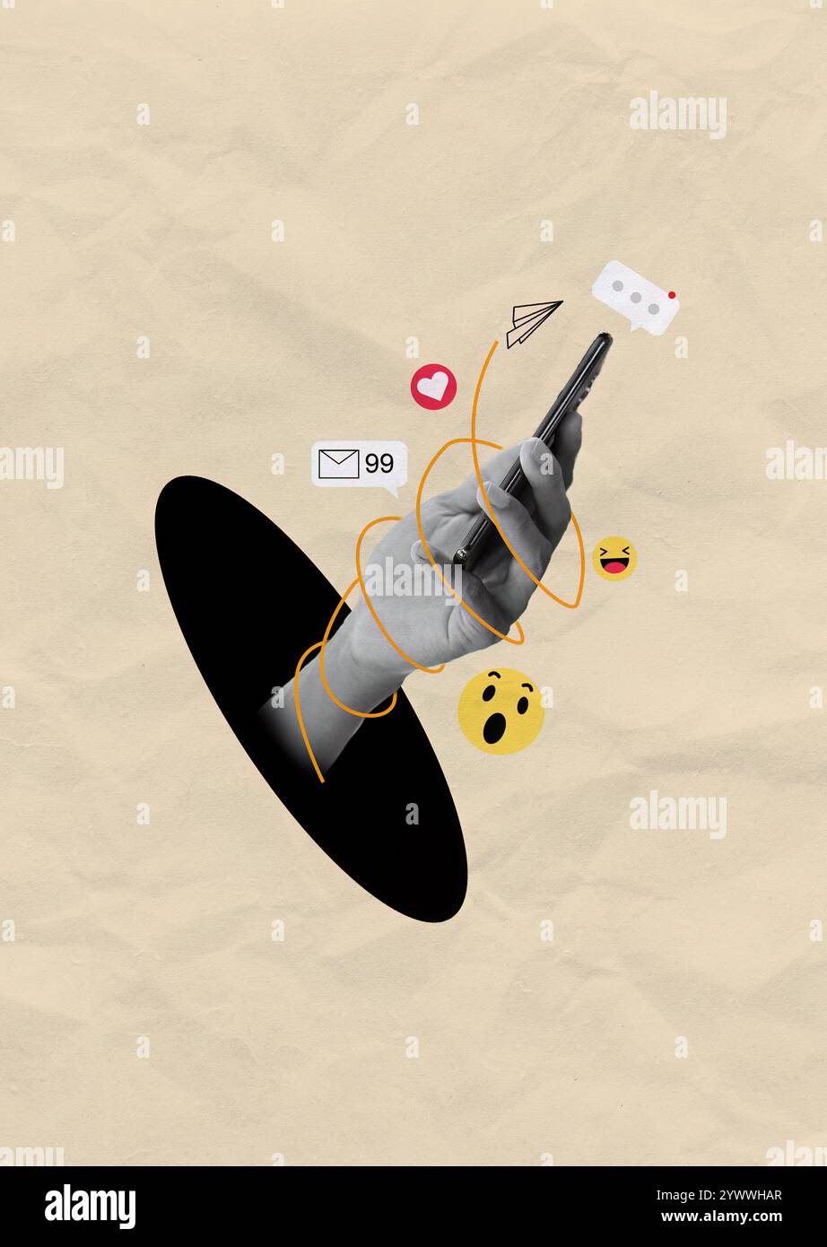 Collage digitale di temi di comunicazione spazio virtuale grafica ambiente astratto primo piano Visualizza le connessioni sociali Foto Stock