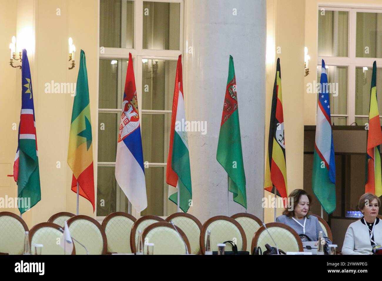 San Pietroburgo, Russia. 12 dicembre 2024. Bandiere dei paesi partecipanti alla V Conferenza scientifica e pratica internazionale sulla lotta contro le malattie infettive, a San Pietroburgo, presso la Biblioteca presidenziale intitolata a B. N. Eltsin a San Pietroburgo. (Foto di Maksim Konstantinov/SOPA Images/Sipa USA) credito: SIPA USA/Alamy Live News Foto Stock