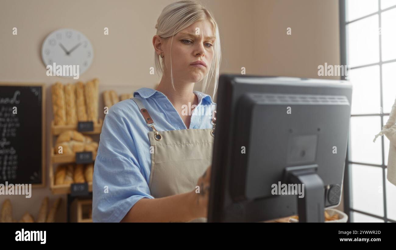 Giovane donna che lavora in un bancone di panetteria all'interno, circondata da pane e dolci freschi, utilizzando un computer, con un'espressione seria in una stanza luminosa Foto Stock