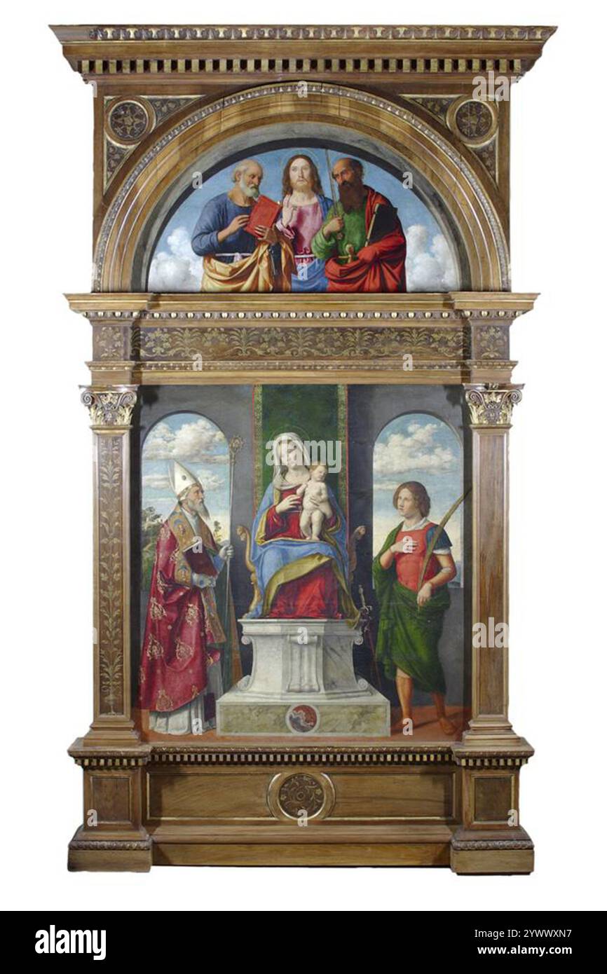 Madonna col bambino in trono con due santi maschi è un dipinto ad olio su tavola del 1489 del pittore rinascimentale italiano cima da Conegliano, precedentemente di proprietà della chiesa di San Dionisio nel quartiere Zermen di felice e ora nel Museo Civico di quella città Foto Stock