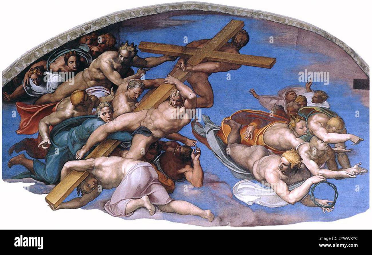 La Croce sulla quale Cristo è stato crocifisso, in alto a sinistra - il giudizio universale [1] è un affresco del pittore rinascimentale italiano Michelangelo che copre l'intera parete dell'altare della Cappella Sistina nella città del Vaticano - Foto Stock