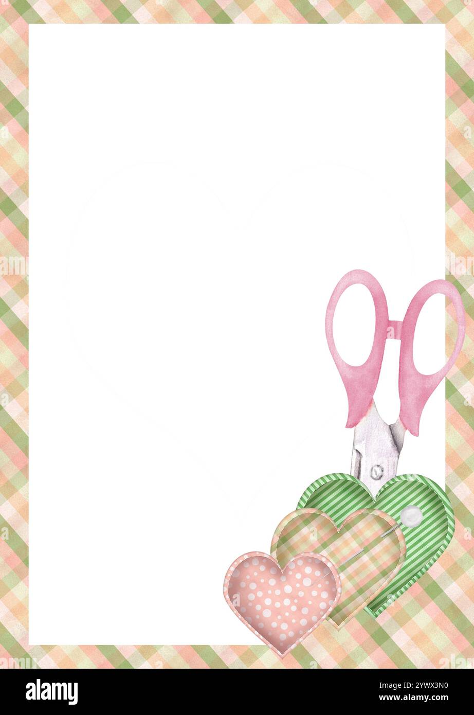 Cartolina pronta all'uso con forbici da cucire, 3 cuscini a forma di cuore e spille. Pois rosa, a righe, motivi a quadri. Illustrazione ad acquerello disegnata a mano Foto Stock