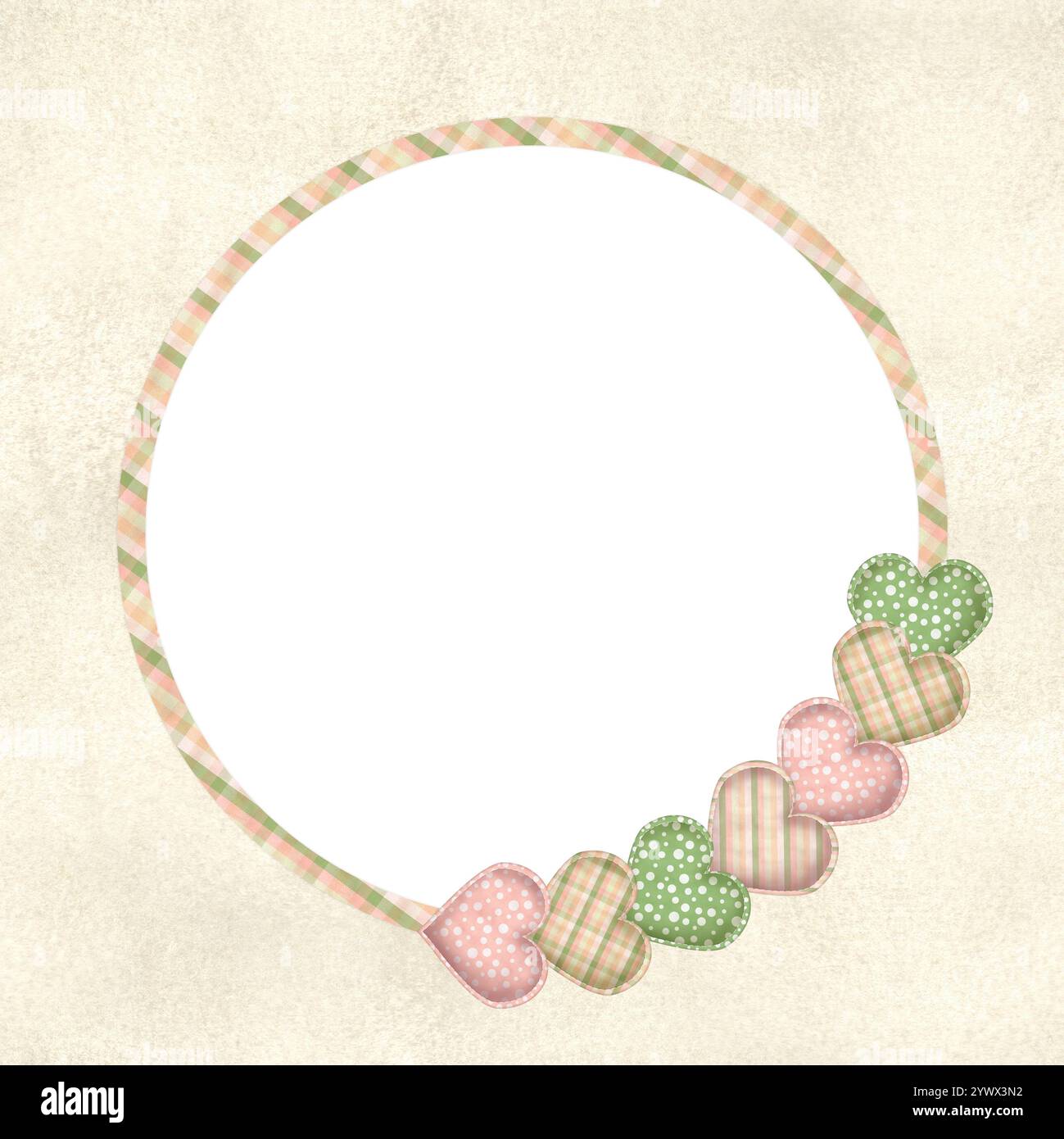 Cartolina pronta all'uso. Telaio a plaid circolare con cuscini a forma di cuore. Pois rosa, a righe, motivi a quadri. Sfondo color acquerello beige. Disegna a mano Foto Stock
