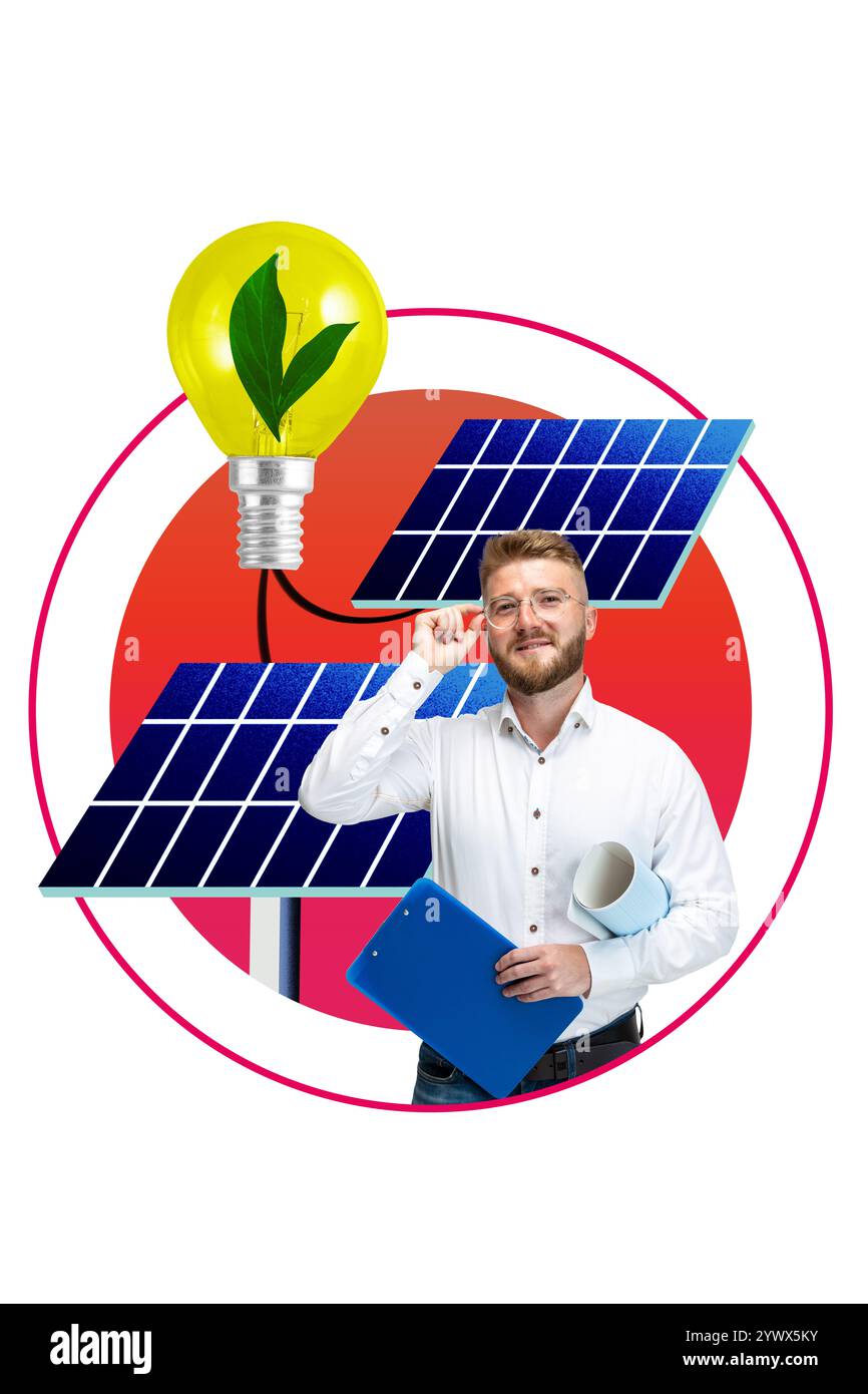 Man, lampadina gialla con foglia interna, circondata da pannelli solari, che rappresentano l'energia verde e l'innovazione. Collage d'arte contemporanea. Foto Stock