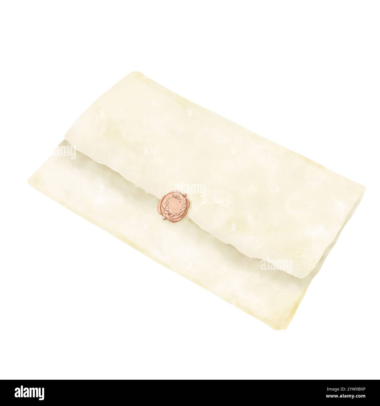 Busta da carta vecchia con sigillo paraffina. Illustrazione in acquerello in digitale. Involucro rettangolare stretto sigillato isolato su sfondo bianco. Let arrotolato Foto Stock