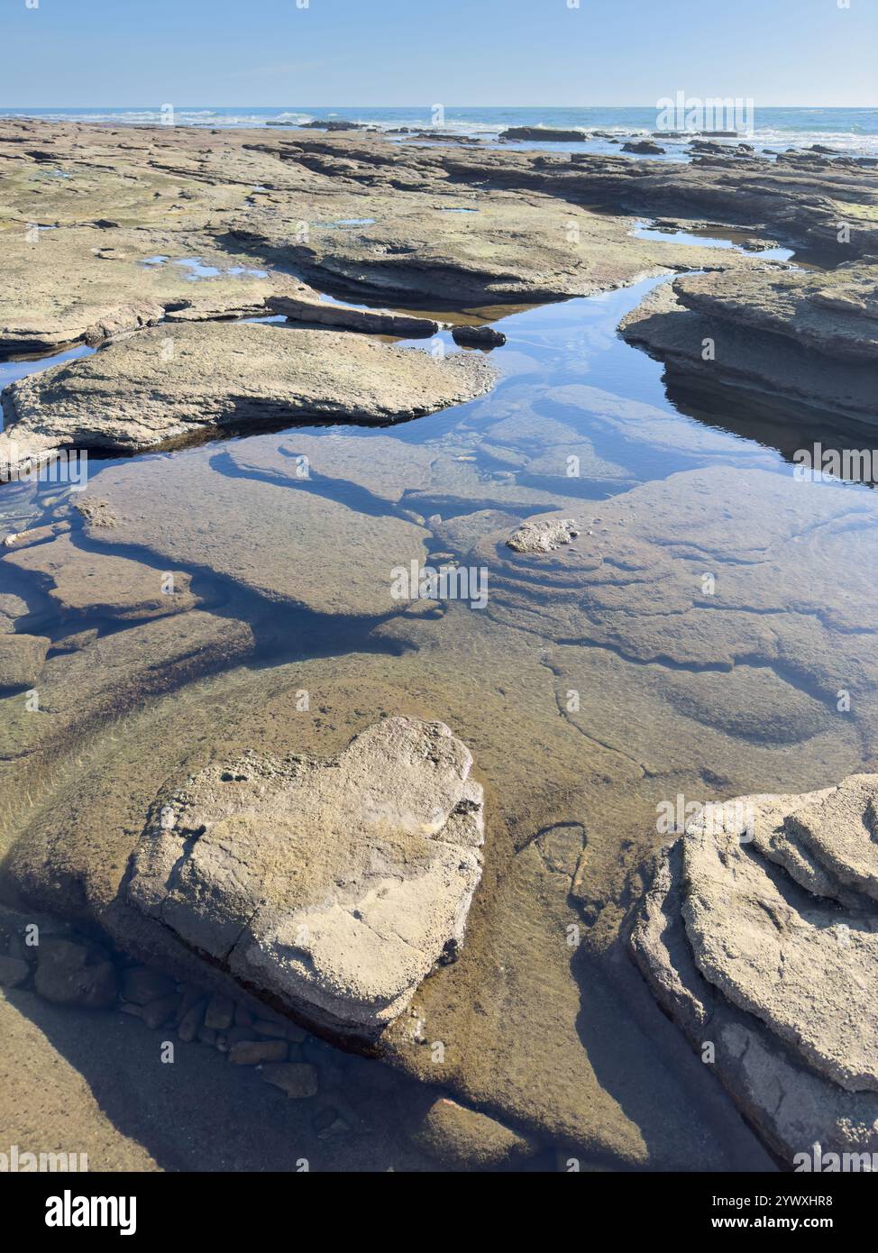 L'unica roccia a forma di cuore si trova nella piscina di marea mentre l'oceano si allontana, rivelando splendide formazioni costiere sotto la luce del sole. Foto Stock