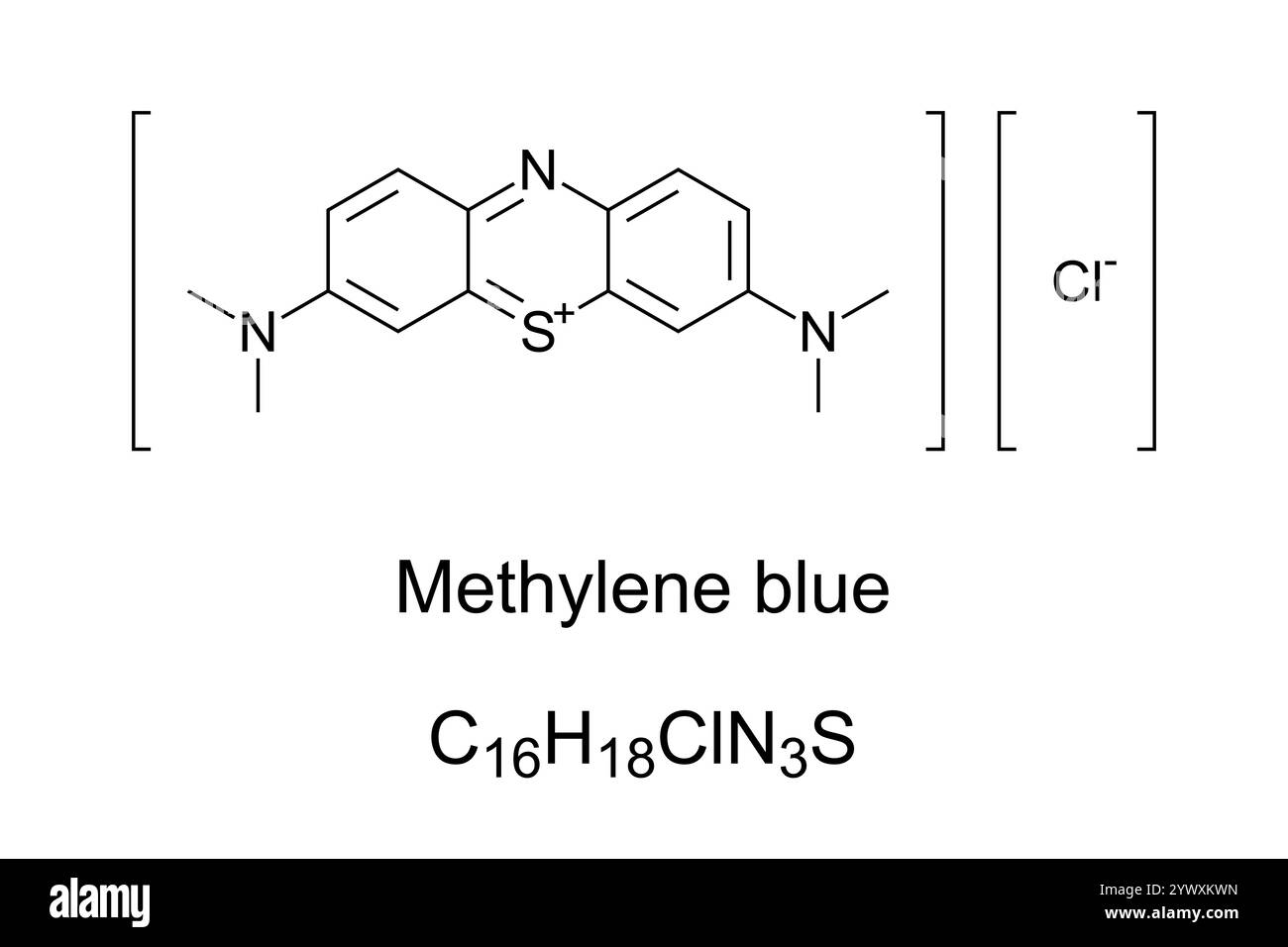 Blu di metilene, cloruro di metiltioninio, formula chimica e struttura molecolare. Un sale utilizzato come colorante e come farmaco. Foto Stock